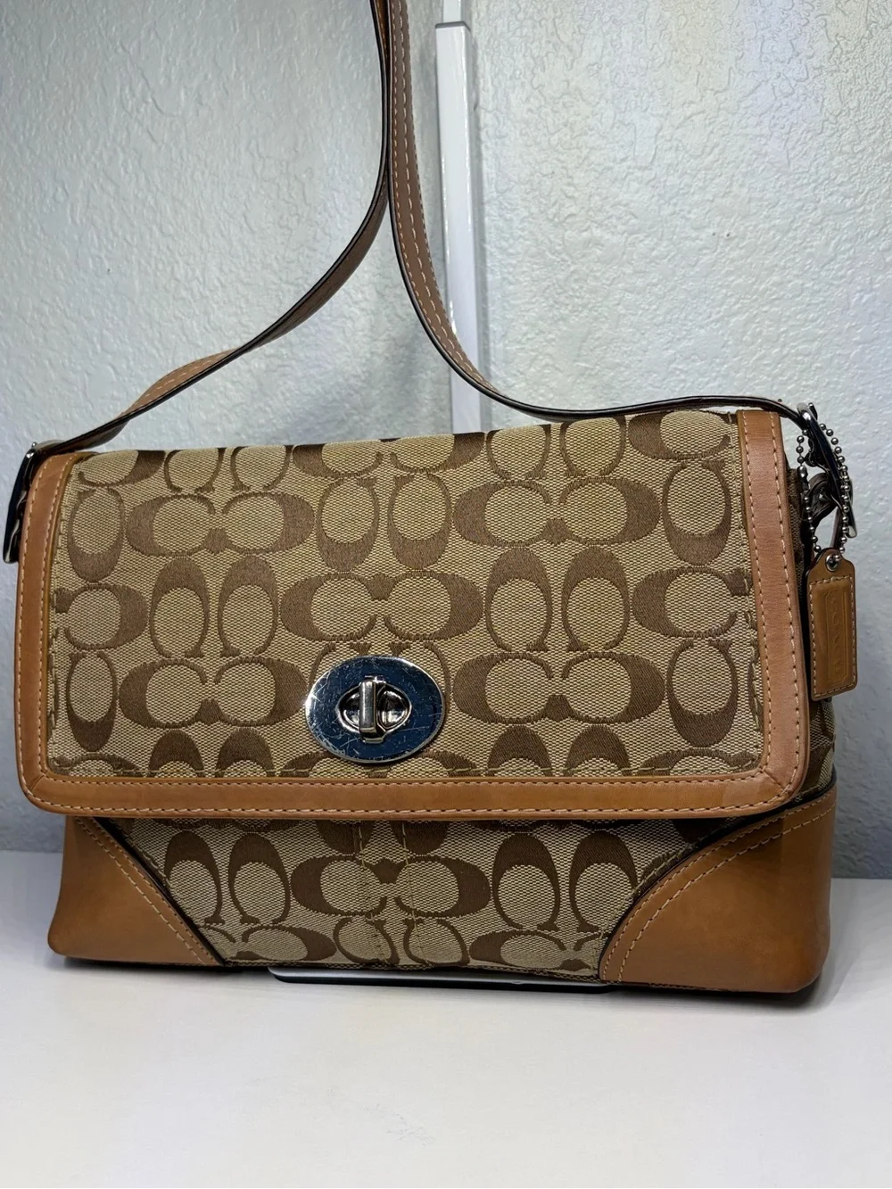 Y2K COACH Signature Jacquard Shoulder/ Crossbody Bag with Khaki/Caramel Trim